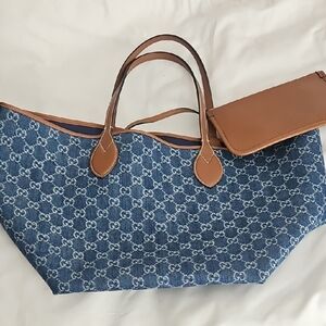 Gucci Denim Blue and Tan Tote with Pouch